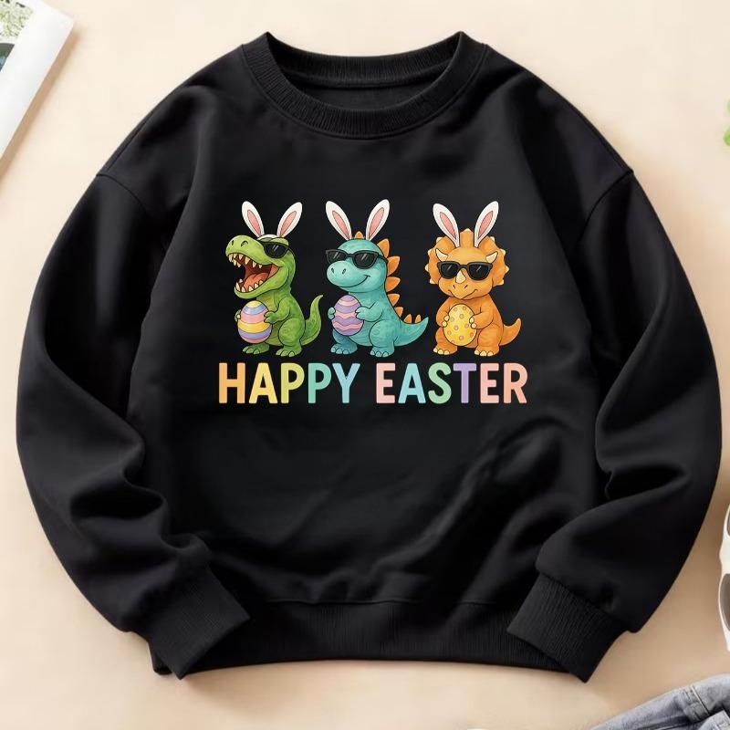 Kids Crewneck Sweatshirt, Fun Easter Print with Dinosaur & Rabbit Long Sleeve Top for Autumn Winter
