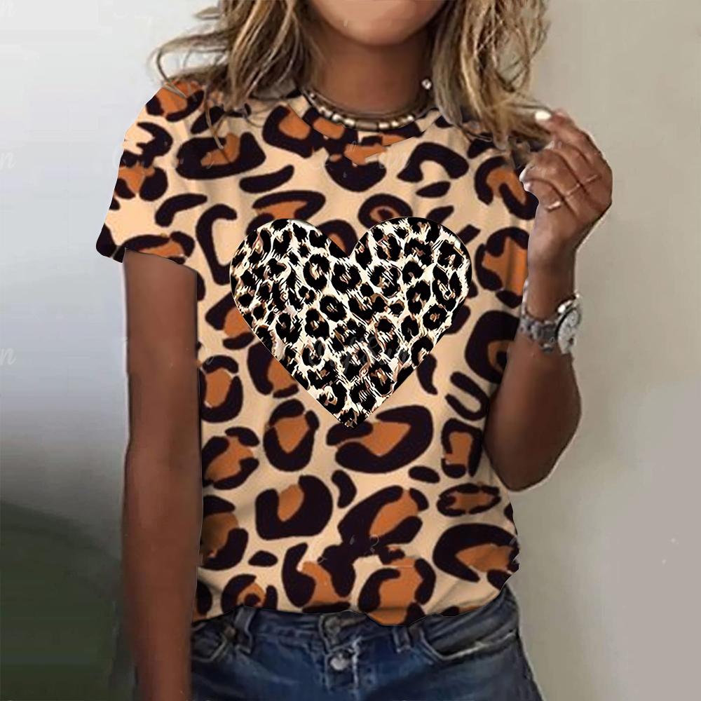 Módní leopardí trička Vzor srdce lásky 3D potisk Dámské tričko s krátkým rukávem a kulatým výstřihem Y2k Harajuku Tees Topy Dámské oblečení