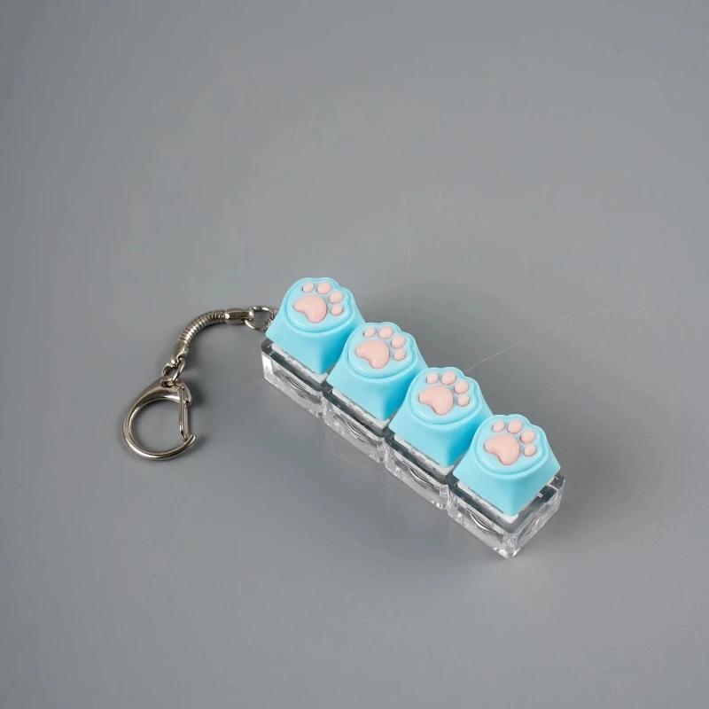 Cat Paw Glow Keychain Fidget Toy Light-Up Silicone Keyboard Button Stress Reliever Portable Clicker Keyring for Anxiety Desk