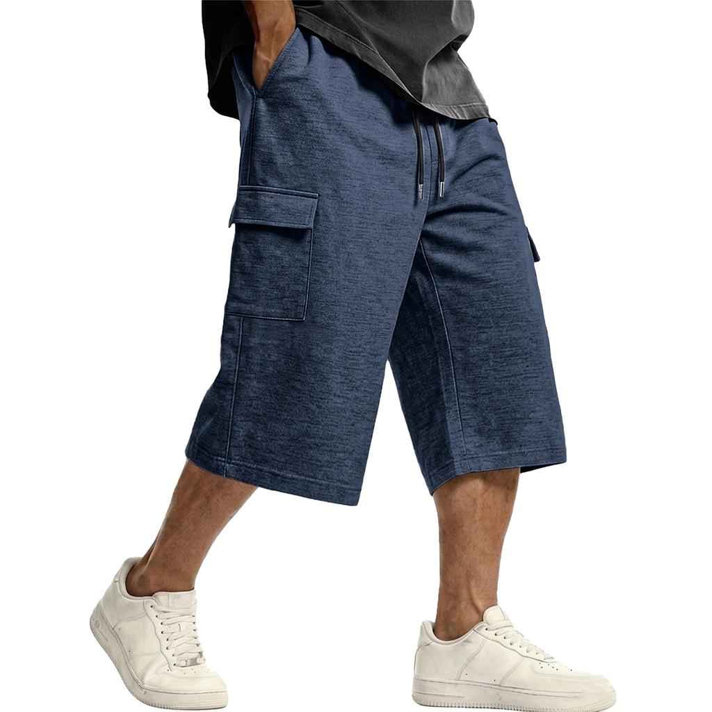 Men's Casual Drawstring Cargo Shorts Knee Length Loose Fit Lightweight Breathable Fabric with Multiple Pockets for Everyday Wear