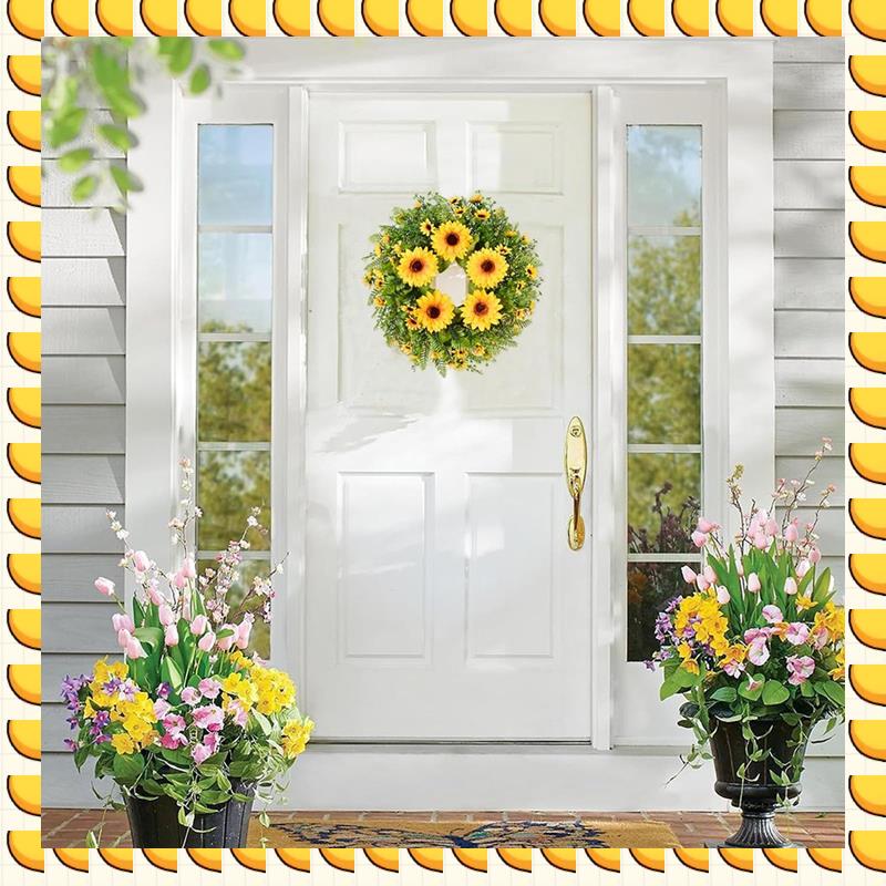BAAU Artificial Sunflower Summer Wreath - Decorative Fake Flower Wreath With Yellow Sunflower And Green Leave For Front Door