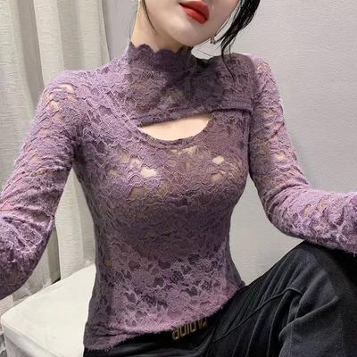 Fashionable Long Sleeved Lace Personalized Hollow Out Slim Fit Versatile Half High Neck Base Shirt for Women