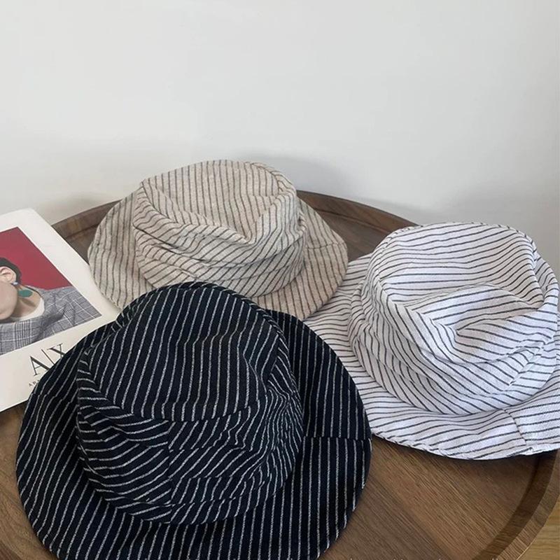 Japanese Wind Striped Pleated Bucket Hat Spring Summer Design Sense Niche Plaid Cotton Linen Breathable Sunscreen Basin Sun Hat