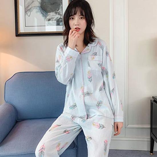 Hilltop Cloud Cotton Long and Comfortable for All Size M Women's 100% Pajamas, Double-Layered Gauze, Sleeves, Front-Opening, Breathable, Seasons,