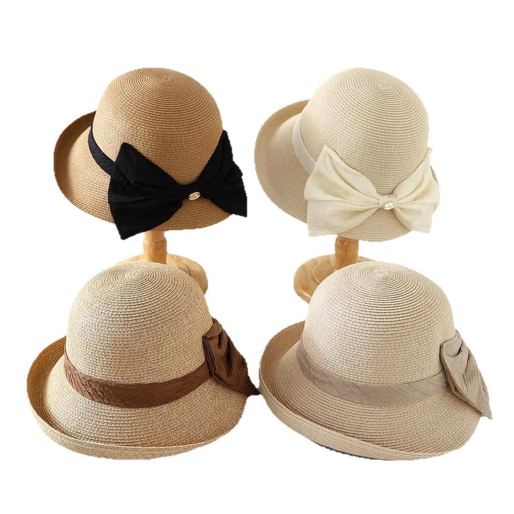 Hepburn Curled Straw Hat Children Summer Sweet Bow Bucket Hat Seaside Vacation Sun Shade Beach Hat