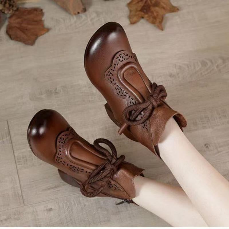Retro Short Boots Women's Autumn Round Head Medium Heel Soft Sole Medium and Old 2 Women's Fashion Boots