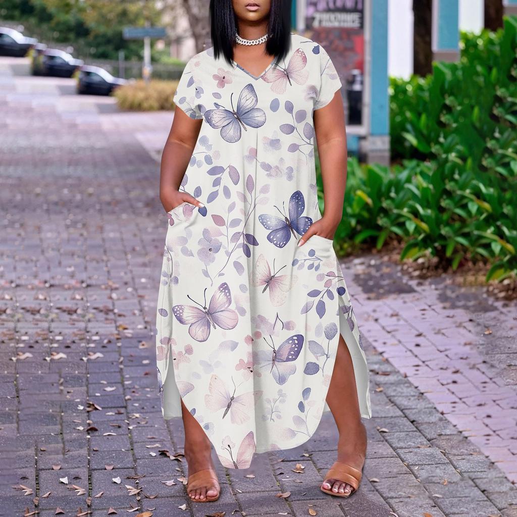 Women Floral Maxi Dress Summer Casual Short Sleeve Dress Sundress V-Neck Long Dresses With Pockets Beach Vacation