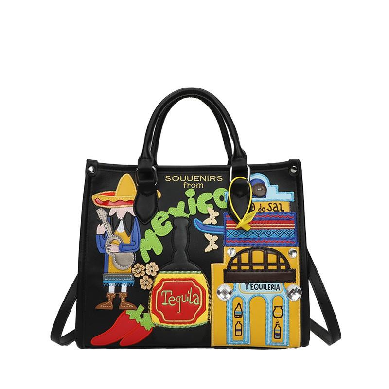 Large-capacity Bag Women s Retro Portable Cross-body Tote Niche Embroidery Graffiti Mexican Style Shoulder чёрный