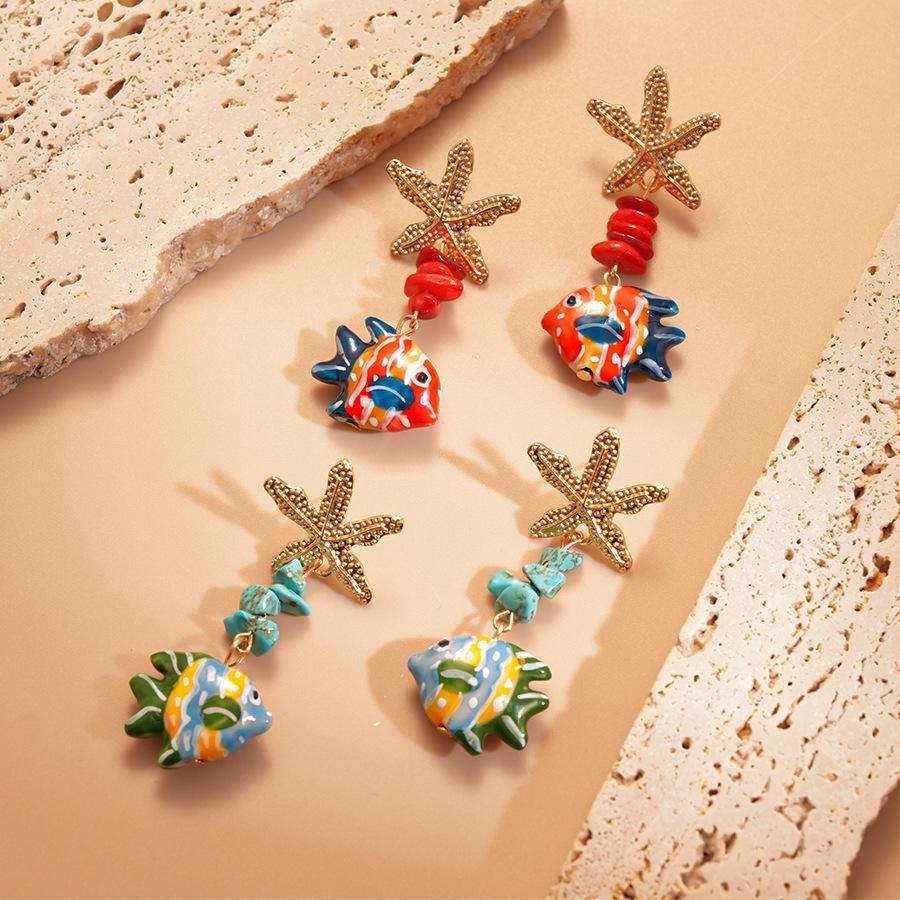 Elegant Glass Starfish & Stone Fish Earrings: High-Class Style with Steel Needles for Women
