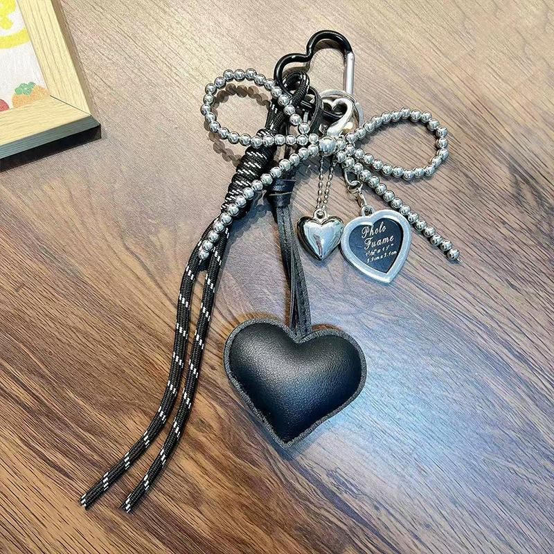 Trendy Leather Heart Bow Keychain Delicate Beaded Keyring Car Key Holder Bag Pendant Decoration For Girls Gift