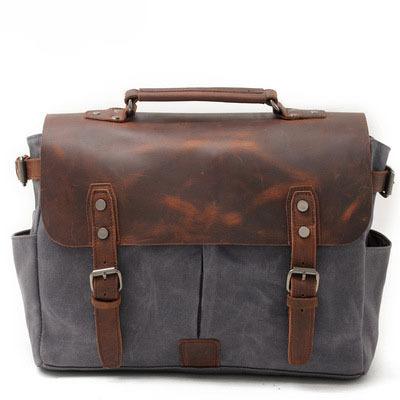 Vintage Oil Waxed Canvas with Crazy Horse Leather Briefcase European-American Men'S Bag Vintage Single Shoulder Crossbody Tote