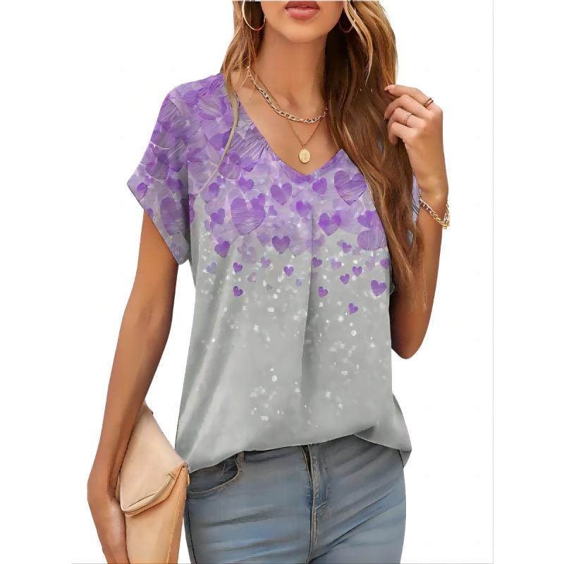 2026 New Summer Women T-shirt 3d Fashion Print Gradient Harajuku T Shirt Oversized Tee For Ladies Clothing New Short Sleeve V-Ne S