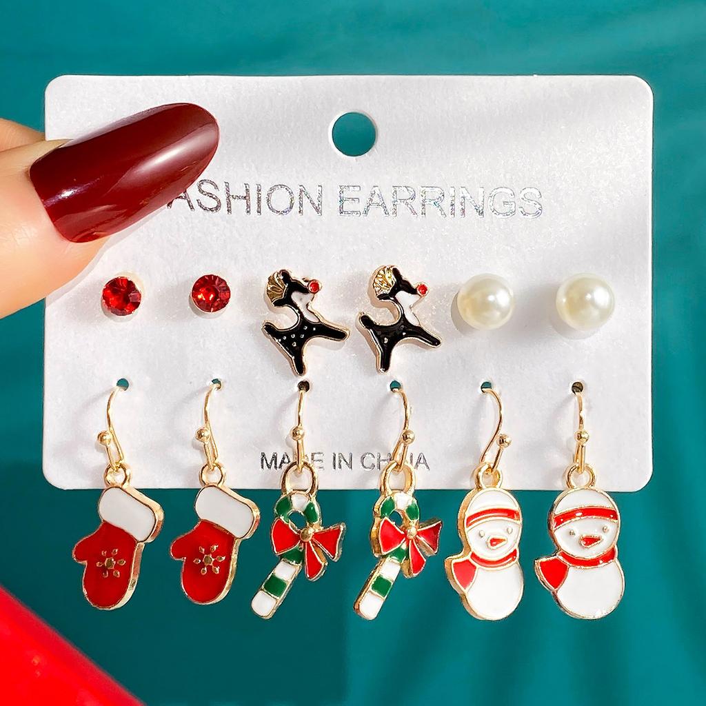 6 Pairs Christmas Earrings Set Selling Cartoon Dripping Oil Elk Santa Claus Christmas Tree Earrings for Women