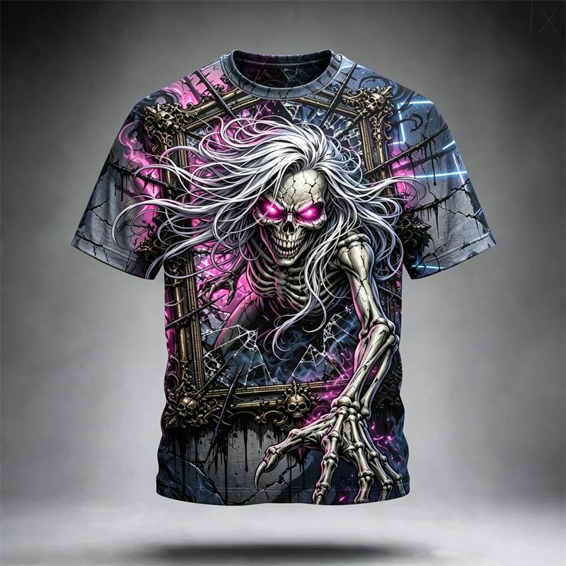 Men's Casual Round-Neck Short-Sleeve T-Shirt Trendy Men's Top with Flame and Skull Print  Shirt for Holiday Parties