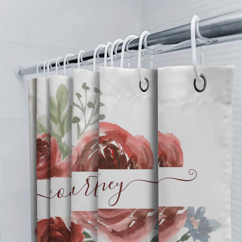 Watercolor Floral Bath Curtain With Name For Bathroom Decor Red Rose Design Shower Curtain 72 X 84 Inches