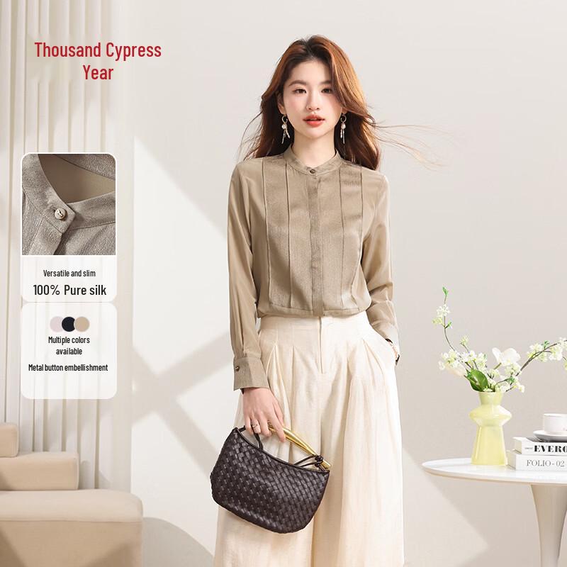 

Women s 100% Mulberry Silk Vintage Stand Collar Long Sleeve Blouse L
