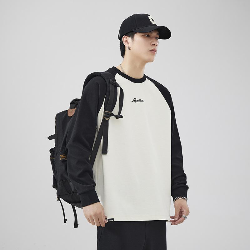 Autumn And Winter Long-Sleeved Sweater Men'S Loose Large-Size Bottoming Shirt With Splicing Crew Neck Clothes Top Trendy Brand