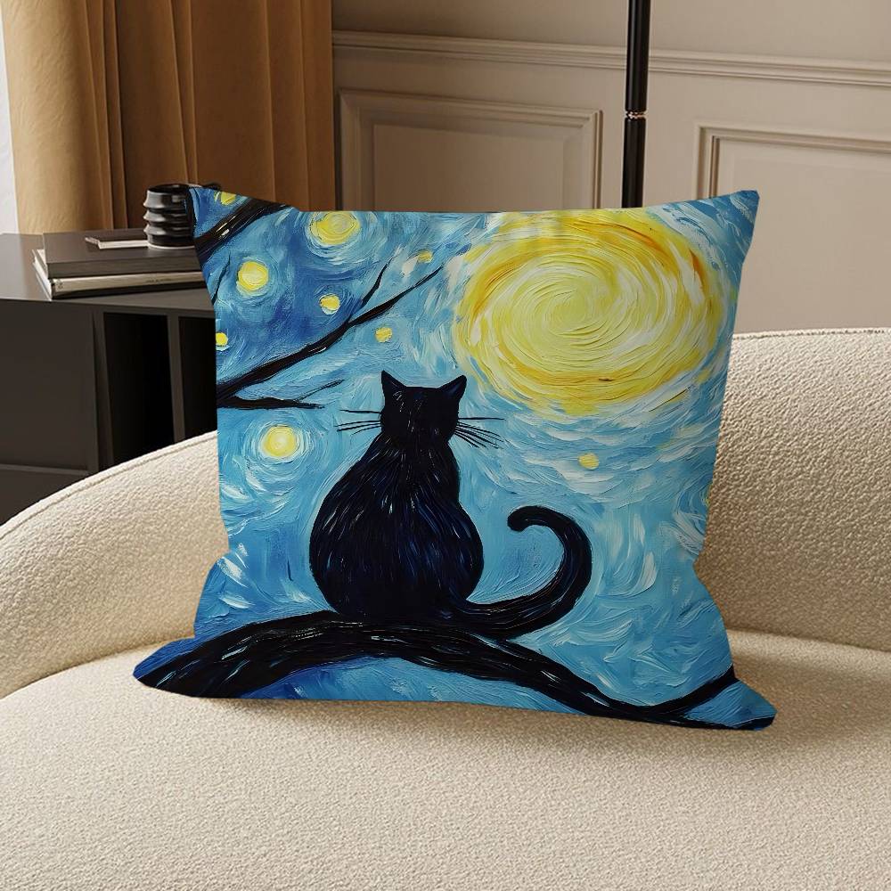 Black Cat Van Gogh Pillow Cushion Cover Pillowcase Living Room Sofa Home Decor Customized