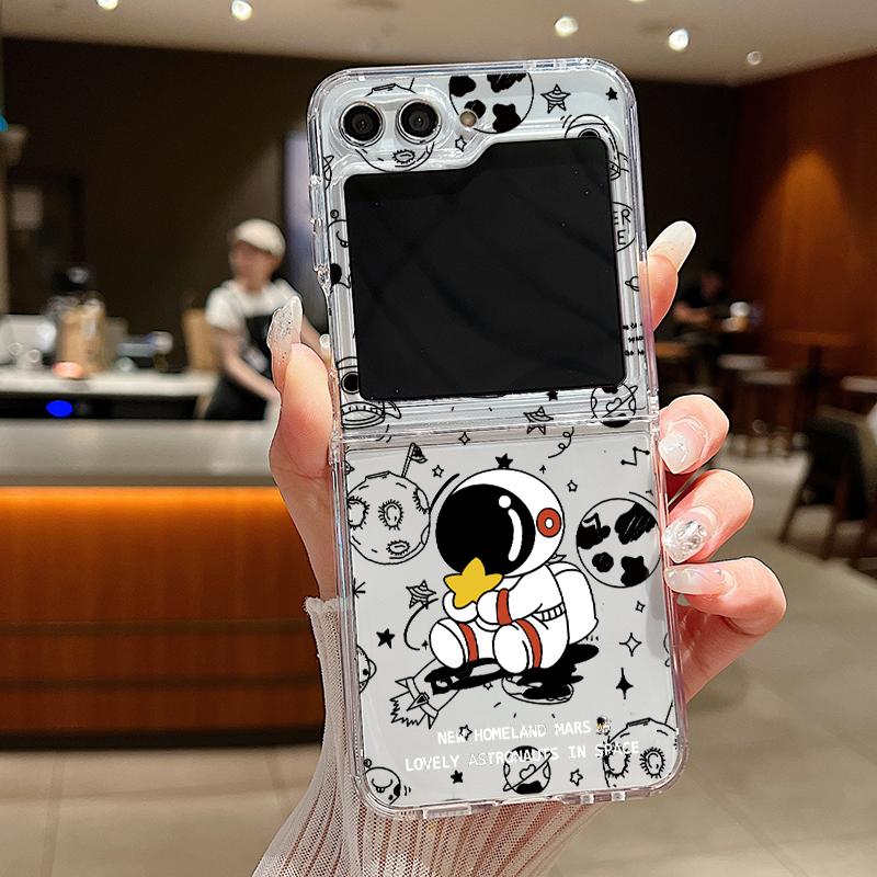 Clear Phone Case For Samsung Galaxy Z Flip 6 5 4 3 Flip6 Flip5 Flip4 Metal Buckle Colourful Astronaut Pattern Folding Soft Cover Galaxy Z Flip6