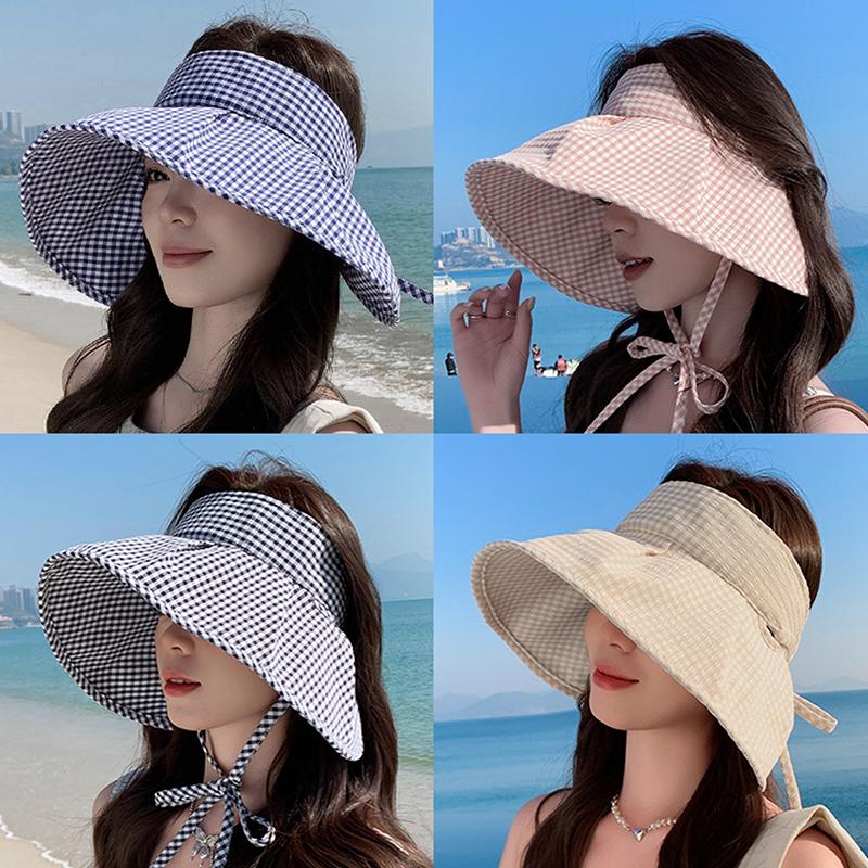 Summer Checkered Sun Hat Foldable Wide Brim Empty Top Beach Hat Breathable Uv Protection Women Sun Shade Visors