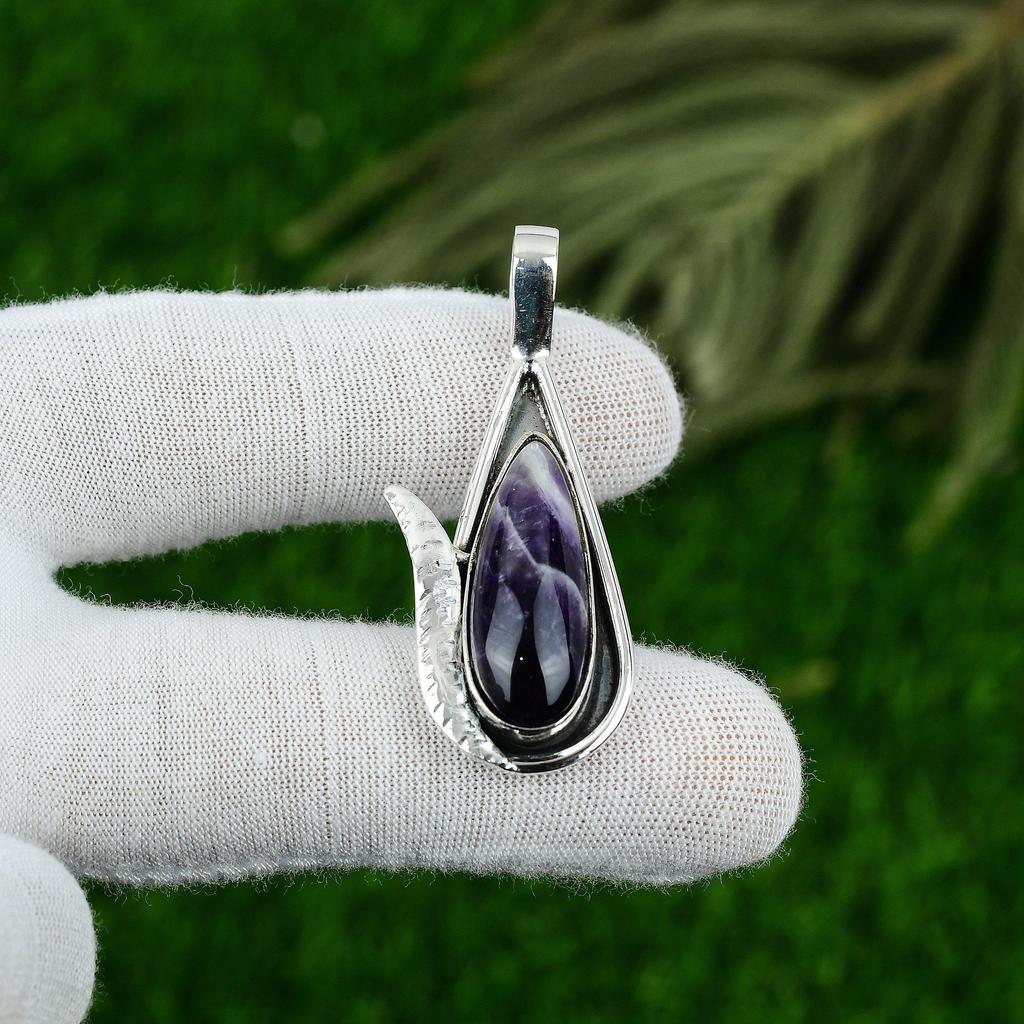 Crown Chakra Chevron Amethyst Gemstone 925 Sterling Silver Wife Bezel Pendant