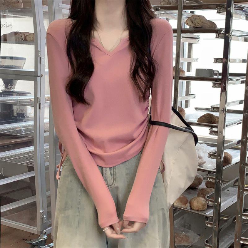

Женский облегающий топ с V-образным вырезом и длинными рукавами на завязках, осенний 3XL розовый