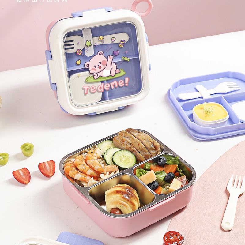 Student Insulated Leak-Proof Lunch Box with 304 Stainless Steel Compartments & Cutlery