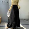 Elegant Fashion Autumn Winter Women Maxi Long Ruffles Skirt High Waist Beige Black Gray Knitted Skirt Knitted Sweet Princess Warm Skirt