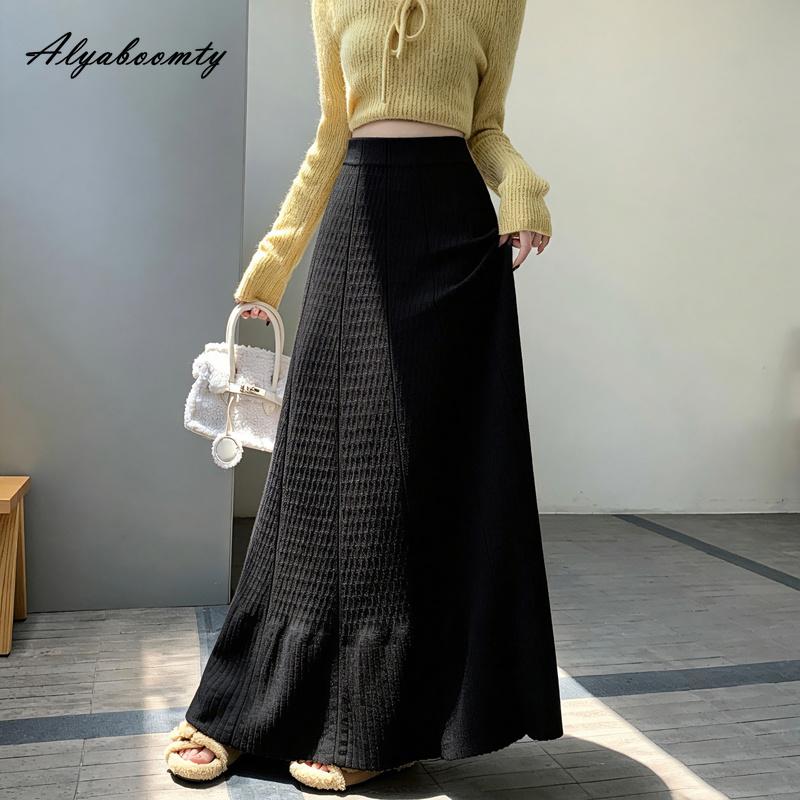 Elegant Fashion Autumn Winter Women Maxi Long Ruffles Skirt High Waist Beige Black Gray Knitted Skirt Knitted Sweet Princess Warm Skirt