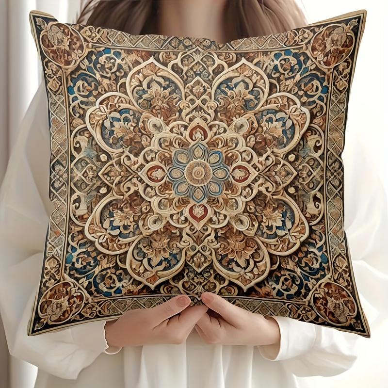 1Pc Boho Living Room Mandala Pillow Cover, Polyester 2D Double Sided Print Cushion Case, Vintage Ethnic Floral Throw Pillowcase
