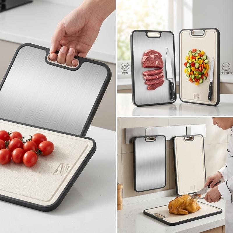 Food Grade Double Sided Cutting Board Antibacterial Stainless Steel Wheat Straw Portable for Picnic Outdoor Camping Cooking