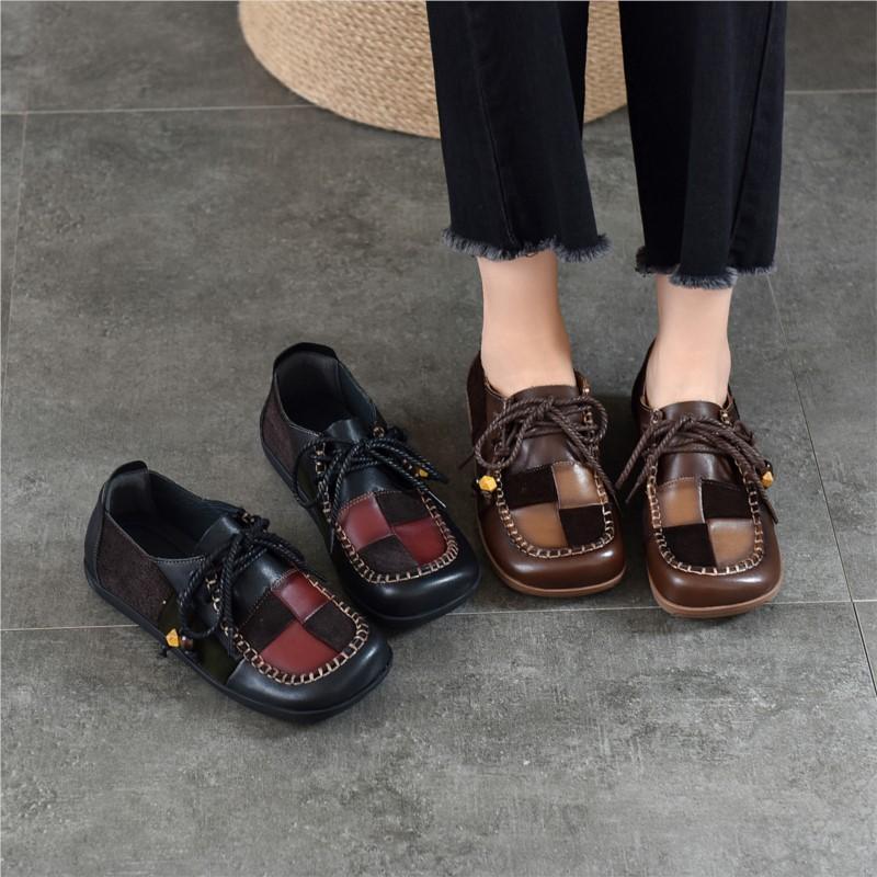 Johnature Genuine Leather Contrasting Color Flat Shoes Square Toe Stitched Lace Up Soft Soled Women's Shoes