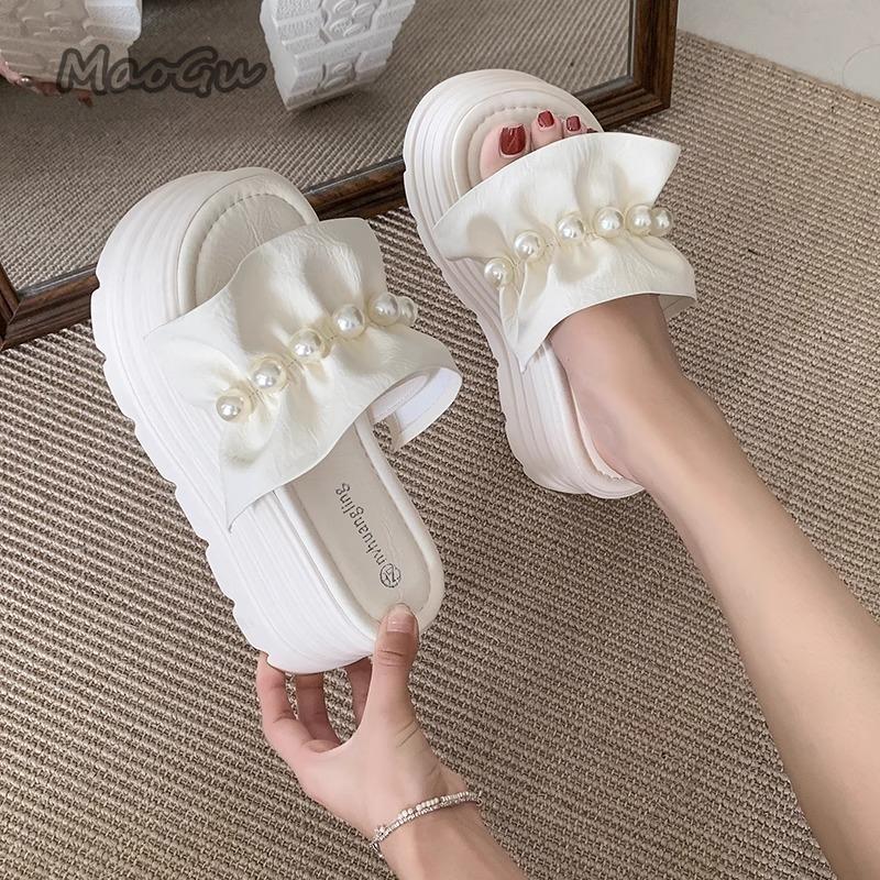 Fashion 8CM Platform Sandals for Women's Summer Footwear Fashion Pearl Bead Thick Bottom Slides Ladies Beach Slippers Sandalias De Mujer