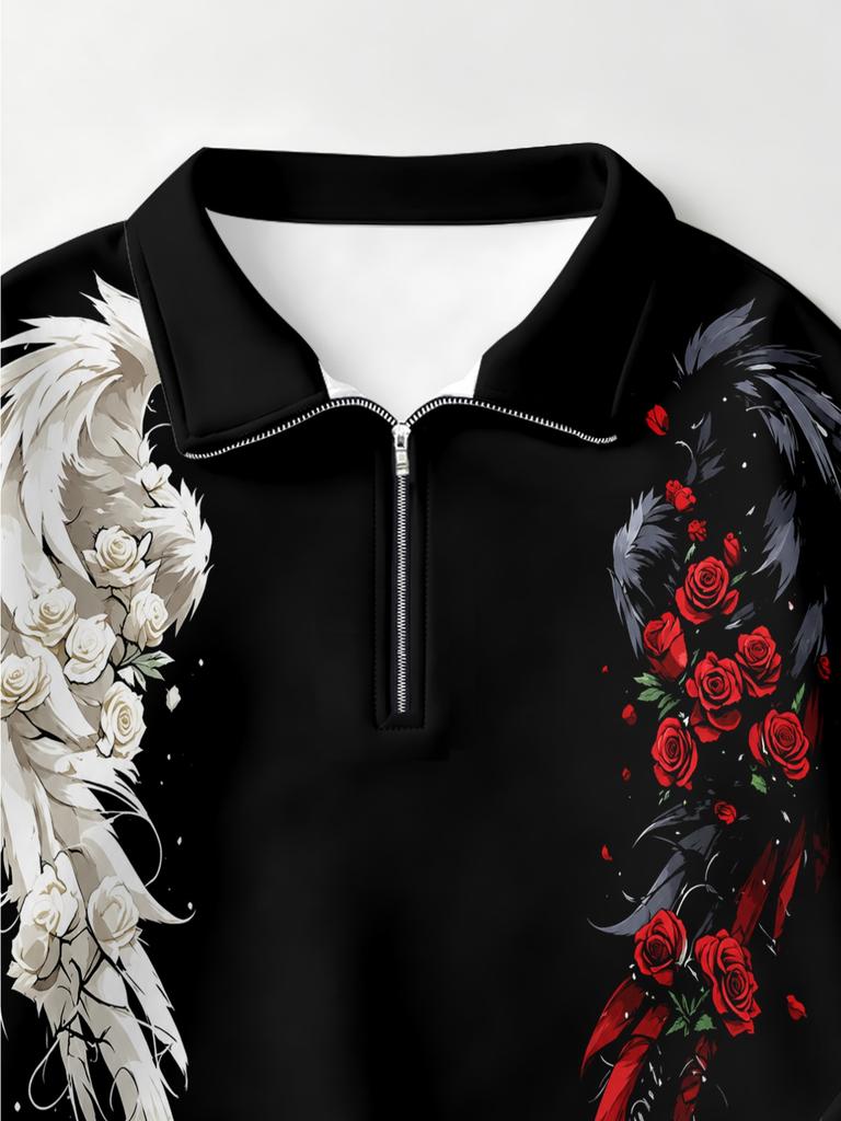 Women's casual rose wing print half-zip off-shoulder print autumn and winter sports comfortable sweatshirt