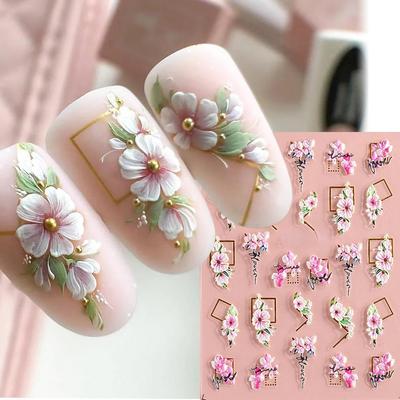 Nail Art 5D trojrozměrné samolepky Ins Summer Fresh Camellia Pink Flower Embossed Nail Stickers