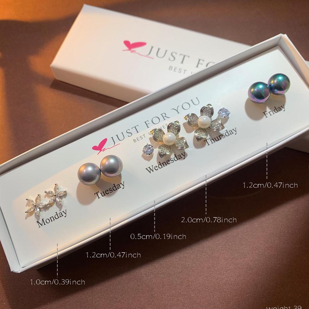 Weekly Earring Set: Flower Zircon Studs, Simple Ear Cuffs, Pearl Tassel French Earrings - 5 Pairs