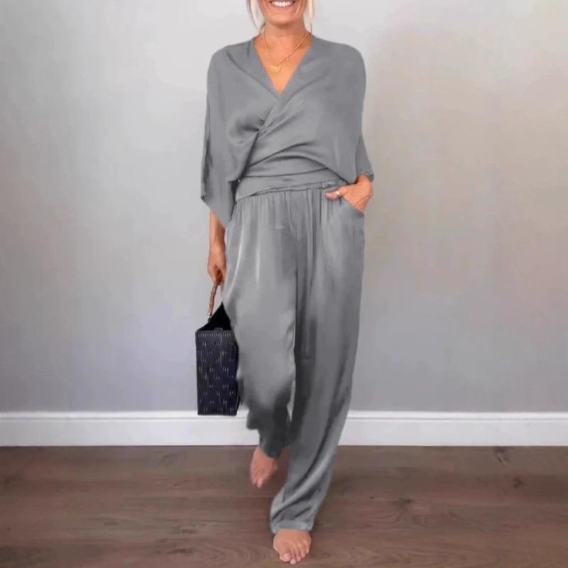 Fall Solid-Color Satin Short-Sleeve Women's Fashion Top and Pants Set