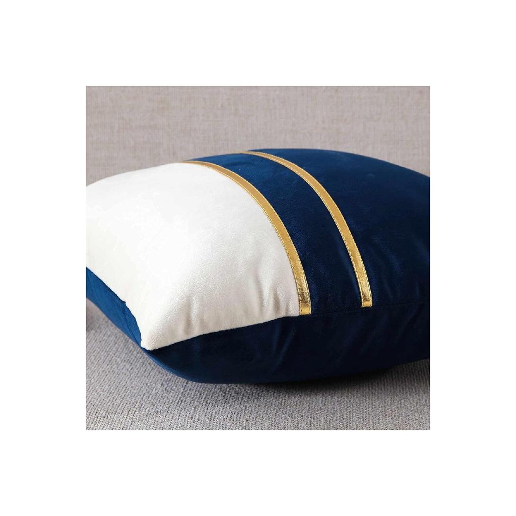 2 Pcs Velvet Look Decorative Throw Pillow Covers With Gold Leather Strips