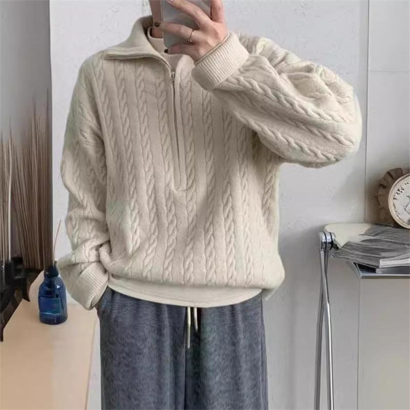 

Ретро свитер крупной вязки с отложным воротником на молнии, женский осенне-зимний новый свободный свитер с высоким воротником для верхней одежды One size