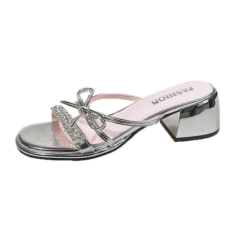 Silver sandals woman 2025 new summer bow French fairy wind cool slippers thick heels high heels