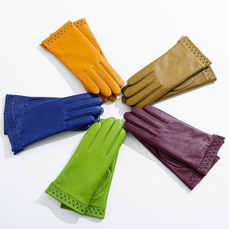 Ladies Sheepskin Gloves Classic Solid Color Versatile Leather Spring Velvet Lining Cycling Driving Gloves Autumn