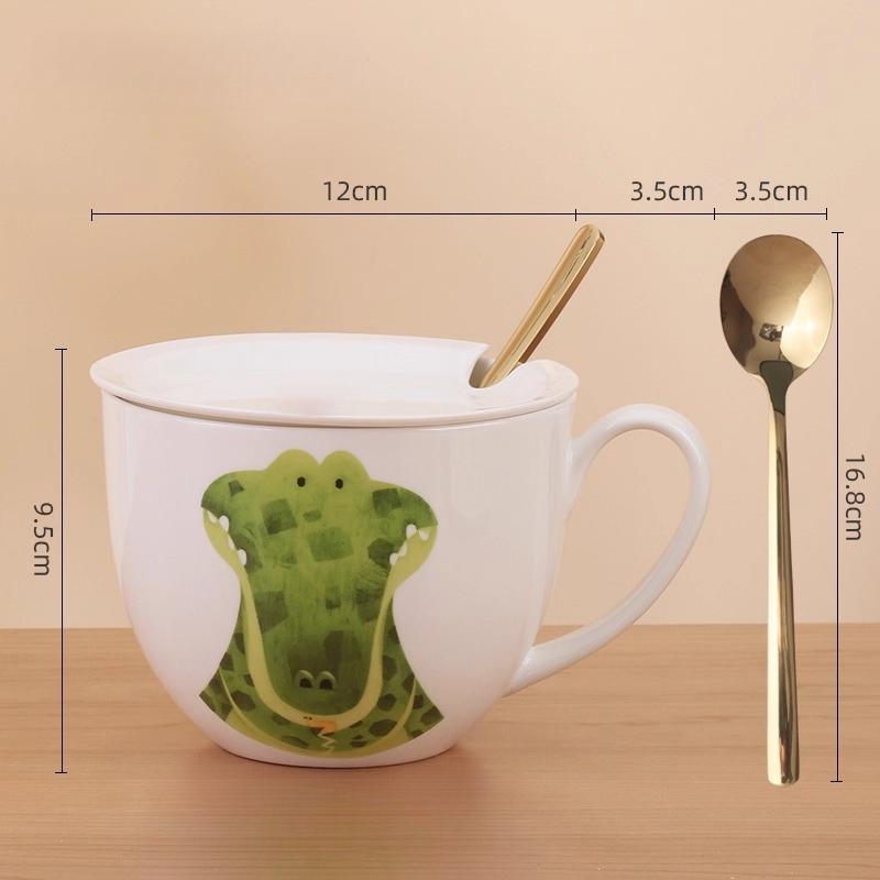 600ml Velkokapacitní keramický hrnek slon s víčkem a lžičkou – Roztomilý zvířecí design Snídaňová miska, Miska na ovesnou kaši, Šálek na kávu