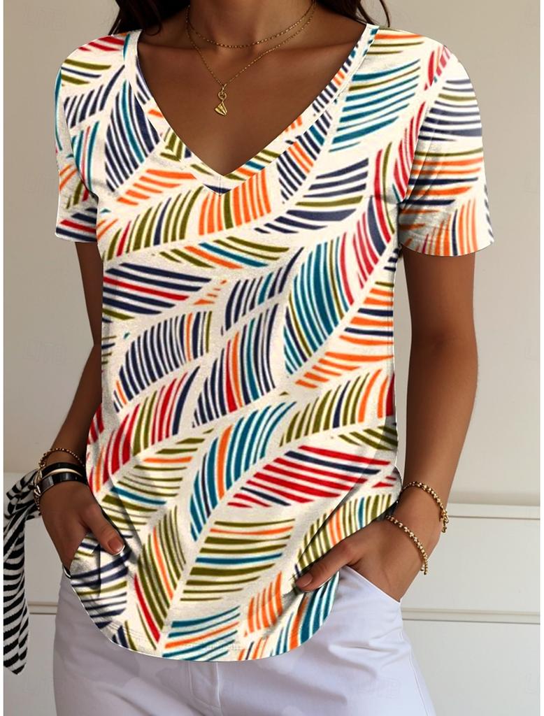 Women's fashionable printed T-shirt with floral pattern, casual short-sleeved V-neck, regular top, everyday printed T-shirt, casual blouse