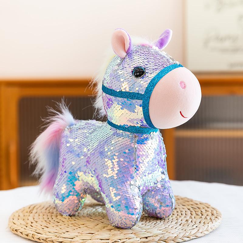 Cartoon Simulation Sequin Pony Plush Toy Zodiac Horse Doll Activity Sprinkler Ring Ornament