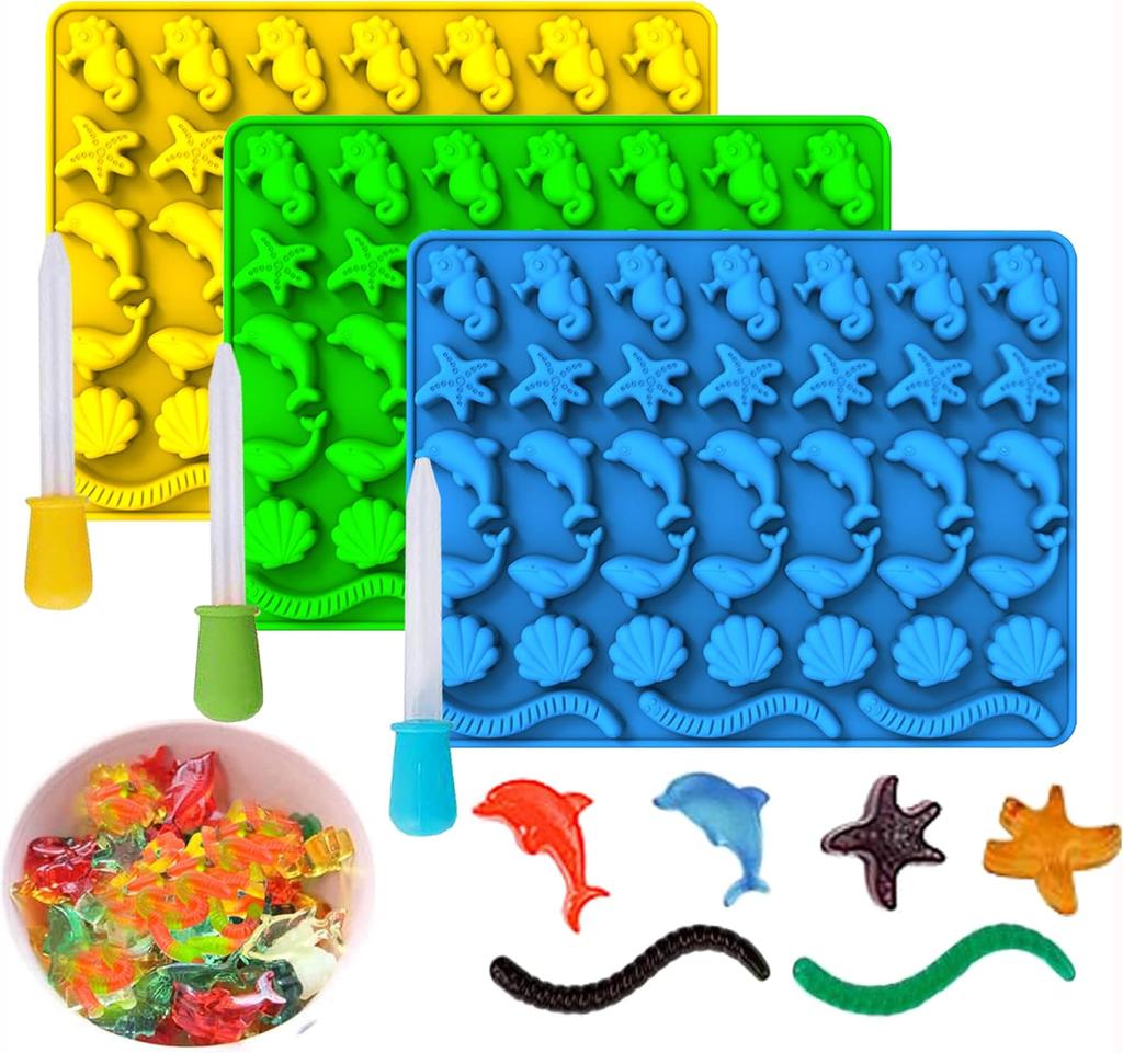 Mini Gummy Ocean Animals Silicone Candy Molds Including Hippocampus Shells Worms for Making Gummies Chocolates Vitamin Candy