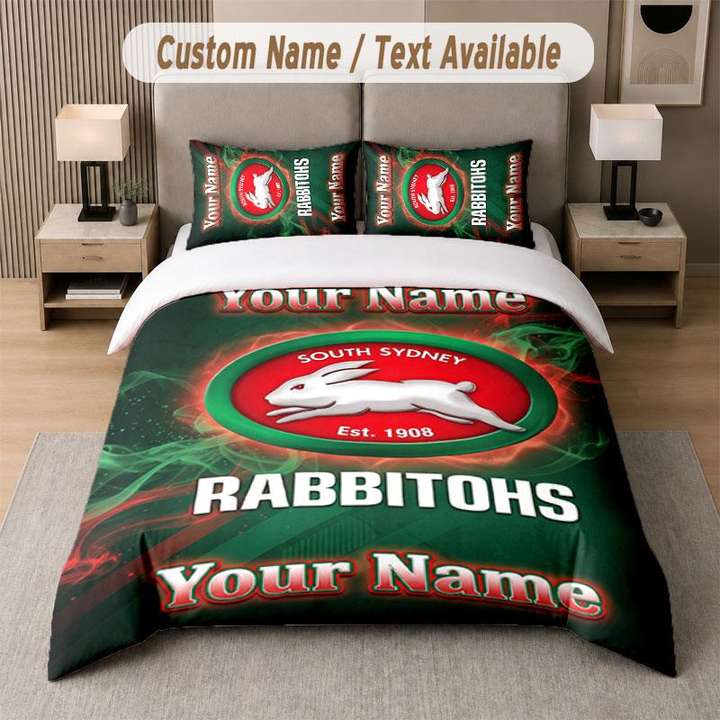 Set Biancheria da Letto Personalizzato Modello South Sydney Rabbitohs, Stampa Nome Testo 1 Copripiumino più 2 Federe Tessile per la Casa