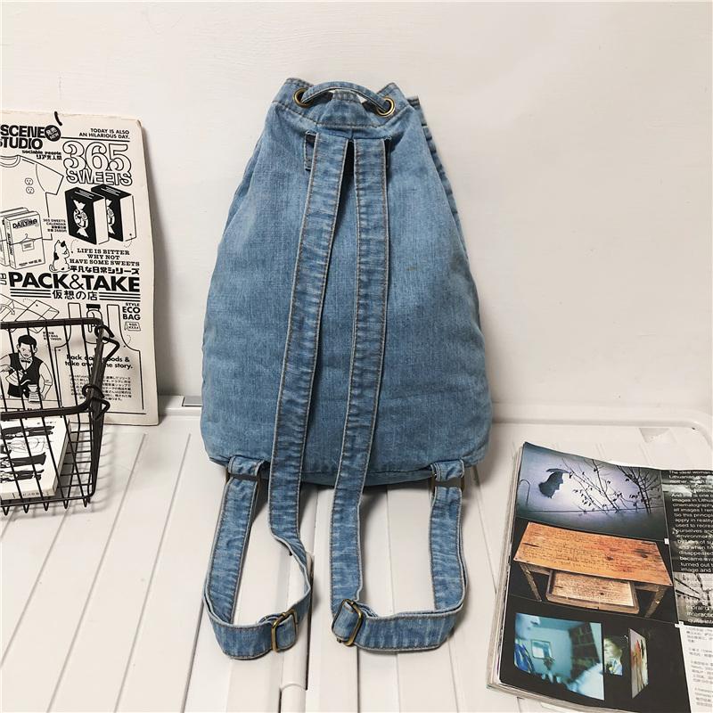 Denim Drawstring Backpack Women's Backpack Letter Embroidery Student Schoolbag