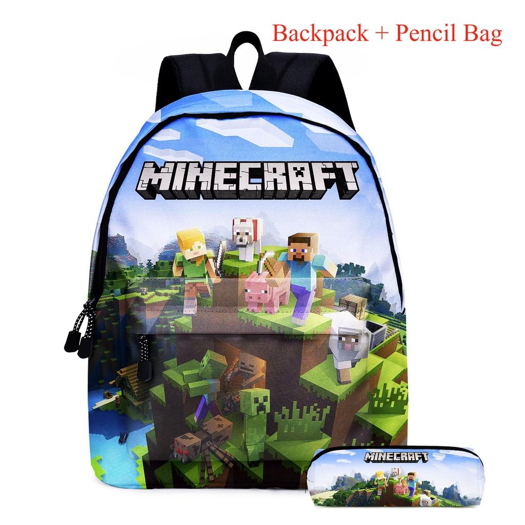 Minecraft-themed Printed Backpack With Pencil Bag For Boys' Travel