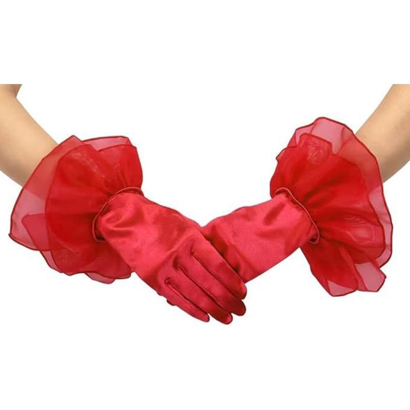 Satined Wedding Gloves with Ruffled Cuffs Design for Bride Wedding Ceremony Reception and Seasonal Occasion Handwear