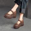 Thick Sole Round Toe Platform Shoes Women Genuine Leather Vintage Comfort Hollow Out Wedges Sandals
